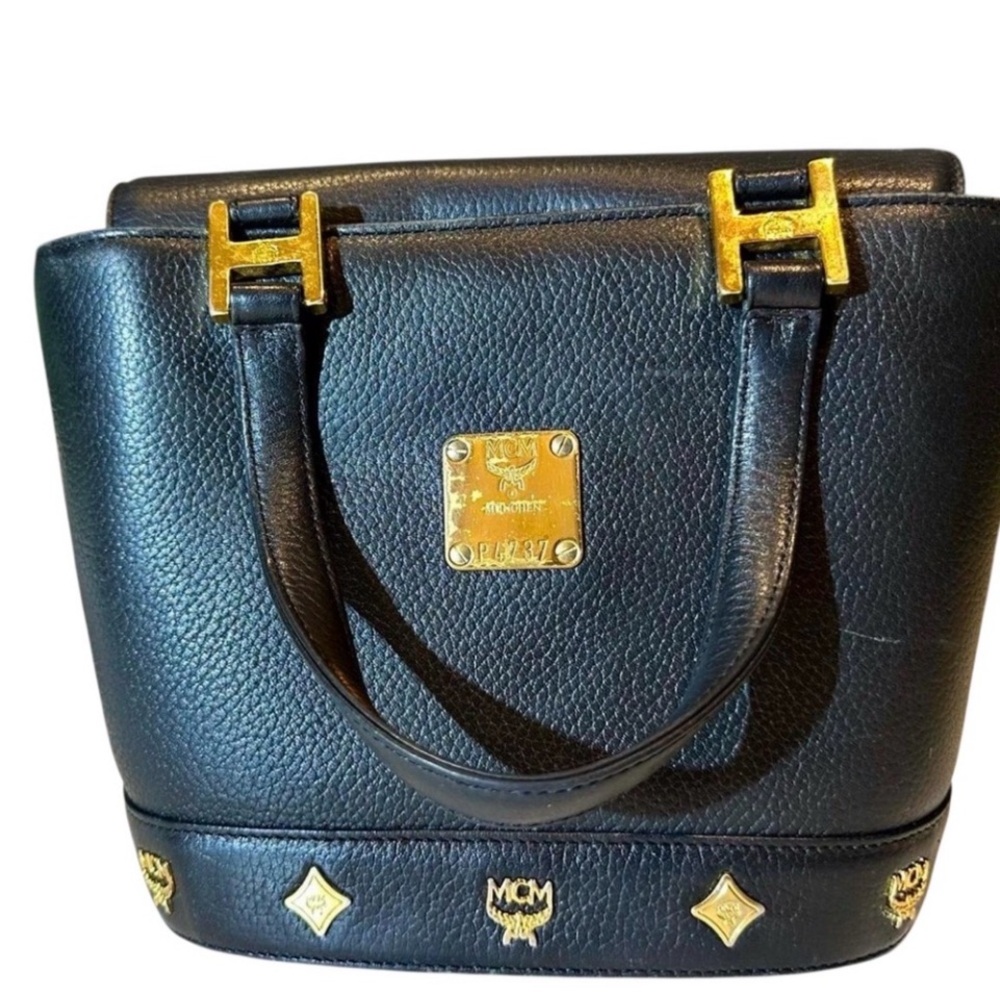 MCM Black Leather Tote with Gold Hardware